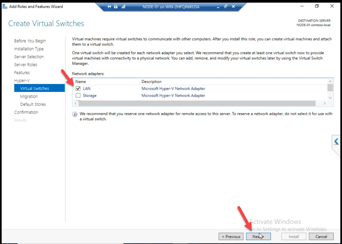 Hyper-V wizard with the LAN/Public NIC being selected as the virtual switch source for VMs created later