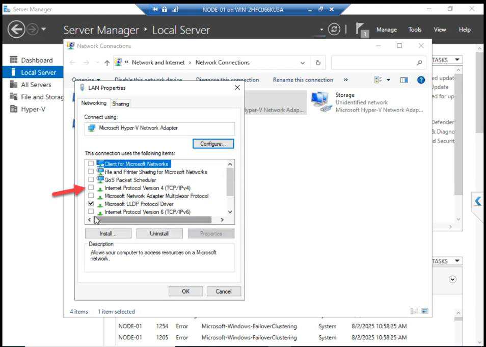 Network adapter properties after Hyper-V install showing IPv4/IPv6 unticked because the IP config moved to the new vEthernet adapter, the standard behaviour when Hyper-V takes a NIC for an external switch
