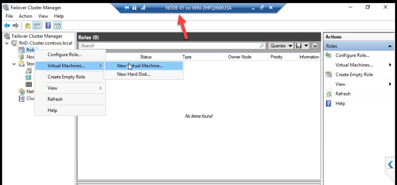 FCM Roles > Virtual Machines > New Virtual Machine to launch the wizard from cluster context not Hyper-V Manager” /><figcaption>On NODE-01: FCM > Roles > Virtual Machines > <strong>New Virtual Machine</strong>. <strong>Create the VM via FCM, NOT Hyper-V Manager</strong> &mdash; FCM creates it as a cluster role from the start.</figcaption></figure>
<p>FCM > Roles > Virtual Machines > <strong>New Virtual Machine</strong>.</p>
<figure class=