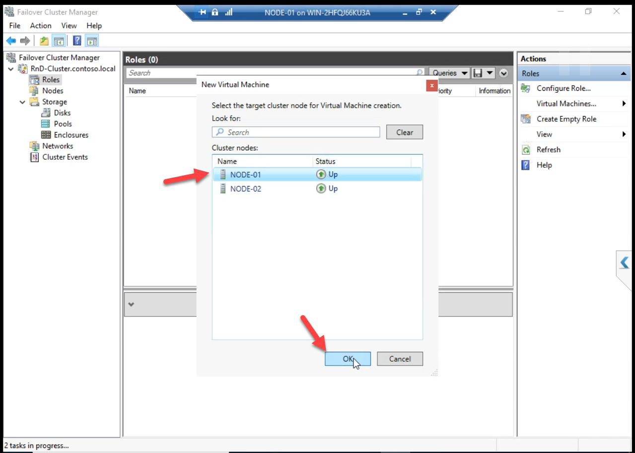 Target Node selection dialog with NODE-01 selected as the host where the VM will be created