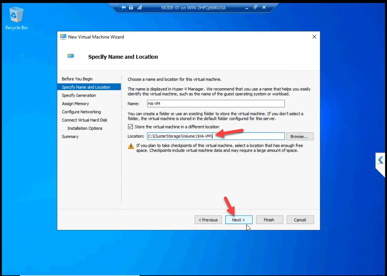 Specify Name and Location step with VM name entered and storage location set to C:\\ClusterStorage\\Volume1 (the CSV path)
