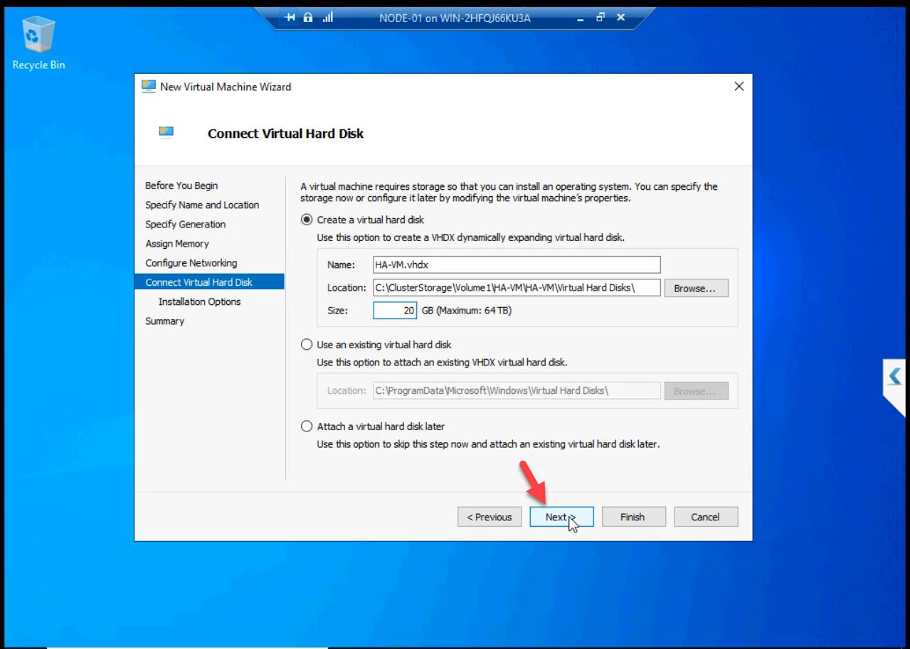 VHD step specifying the size for the new virtual hard disk on the CSV