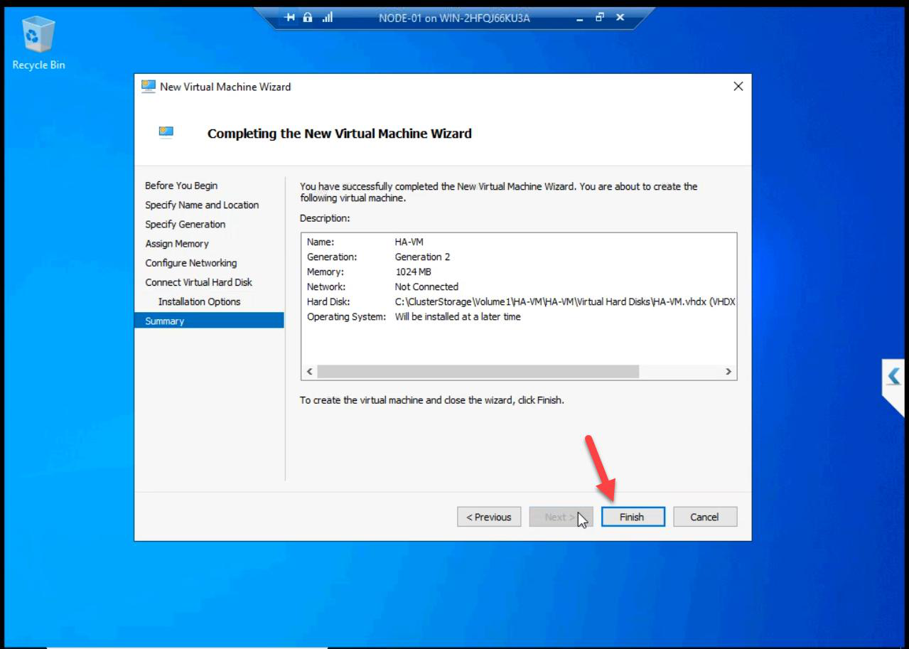 Wizard summary then High Availability Wizard auto-appearing to register the VM as cluster role
