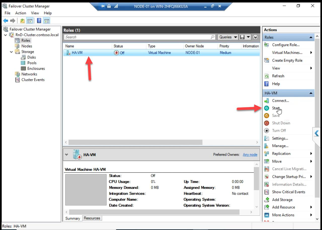 FCM showing the VM now Running with owner Node-01, the HA VM is alive and failover-ready