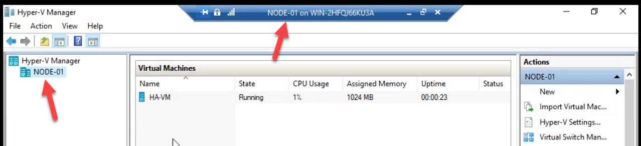 Hyper-V Manager on Node-01 showing the HA VM created in Part 13, the starting state before the failover test
