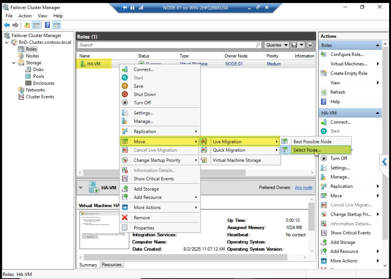 Failover Cluster Manager Roles pane with right-click on the HA VM showing Move > Live Migration > Select Node menu” /><figcaption>Phase 1 (planned): FCM > Roles > right-click HA VM > <strong>Move</strong> > <strong>Live Migration</strong> > Select Node.</figcaption></figure>
<p>FCM > Roles > right-click HA VM > <strong>Move</strong> > <strong>Live Migration</strong> > <strong>Select Node</strong>.</p>
<figure class=