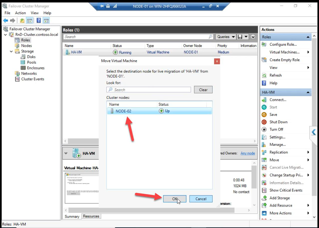 Move Clustered Role dialog with Node-02 selected as the live migration target