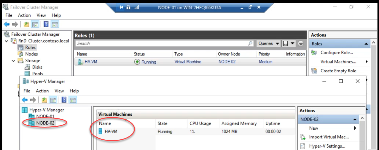 After live migration completed showing Owner Node now Node-02, and Hyper-V Manager on Node-02 showing the HA VM running