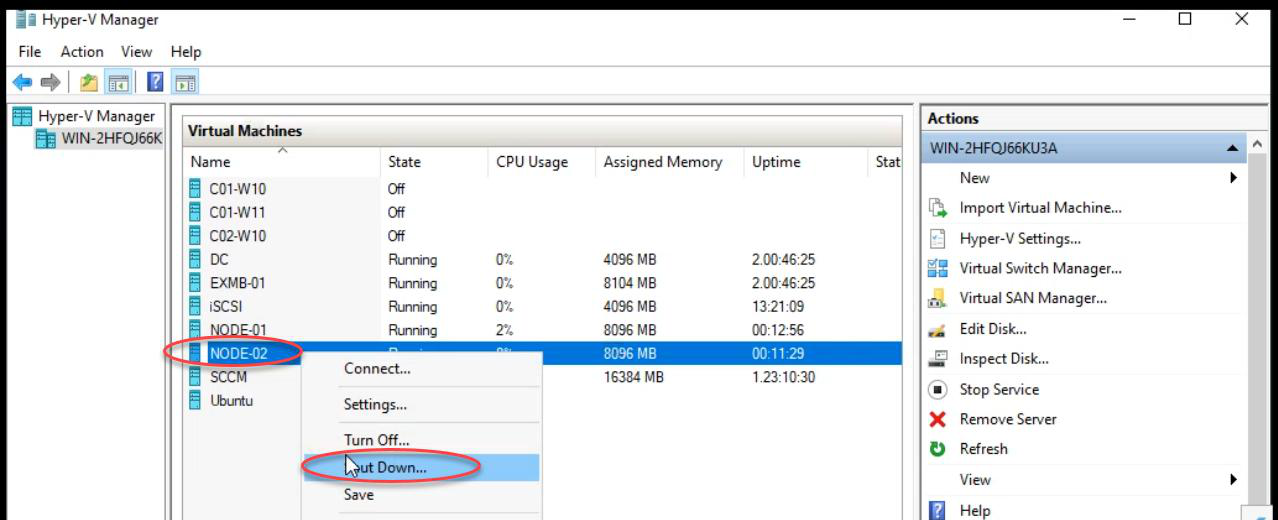 Node-02 being shut down to simulate a node failure while the HA VM is running on it