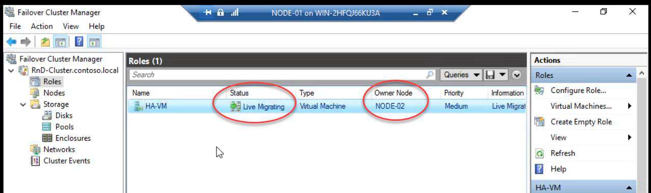 FCM showing the VM auto-detecting Node-02 outage and entering Live Migrating state to fail back to Node-01