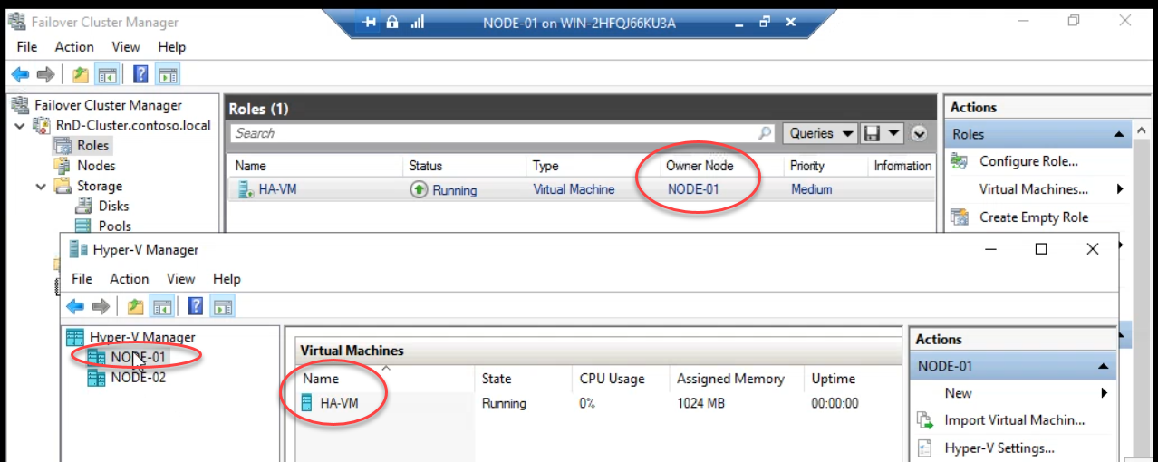 After auto-failover completed showing the VM running again on Node-01