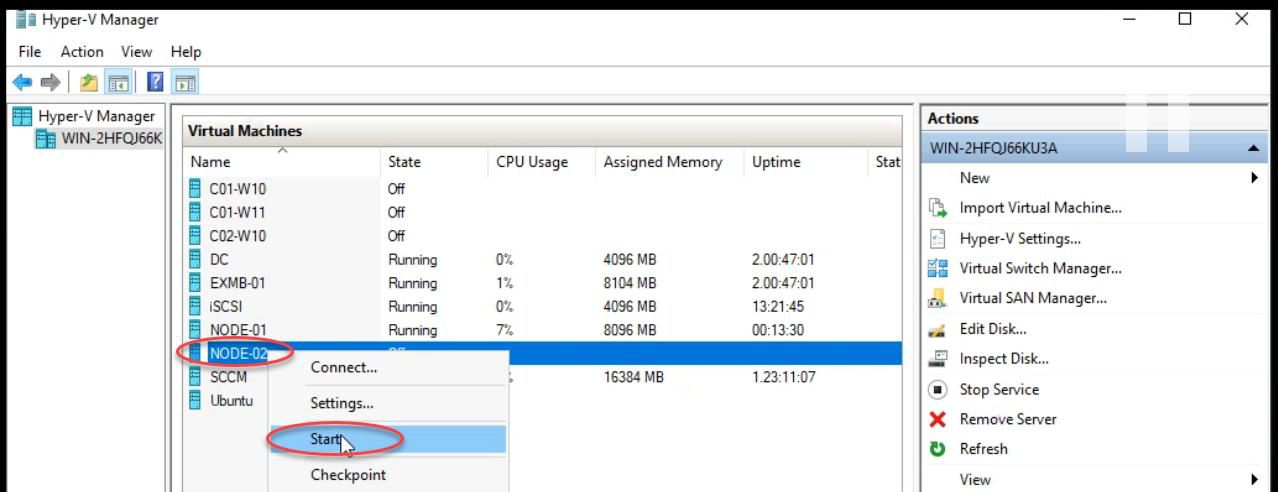 Node-02 being powered back on to restore cluster redundancy