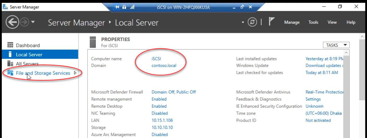iSCSI VM Server Manager with File and Storage Services selected from the left navigation