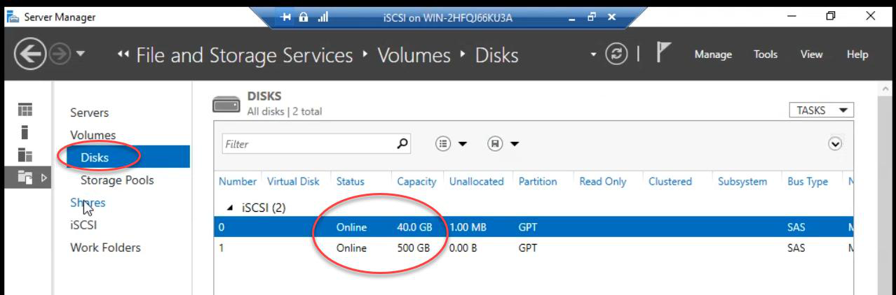 Disks pane showing the existing physical disks online ready to host the new iSCSI virtual disk