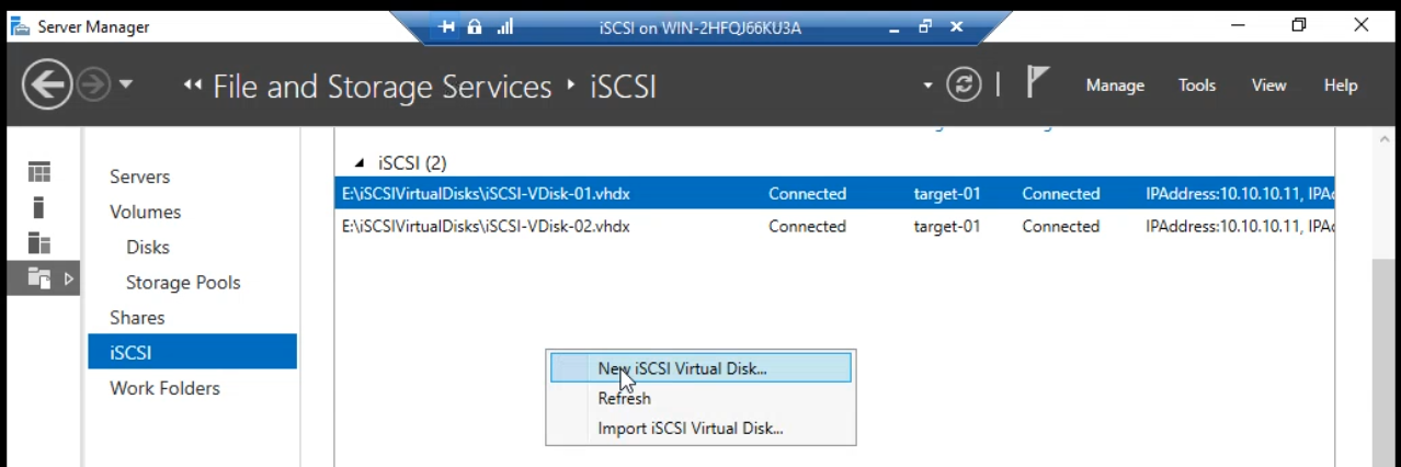 iSCSI tab with right-click context menu showing New iSCSI Virtual Disk option