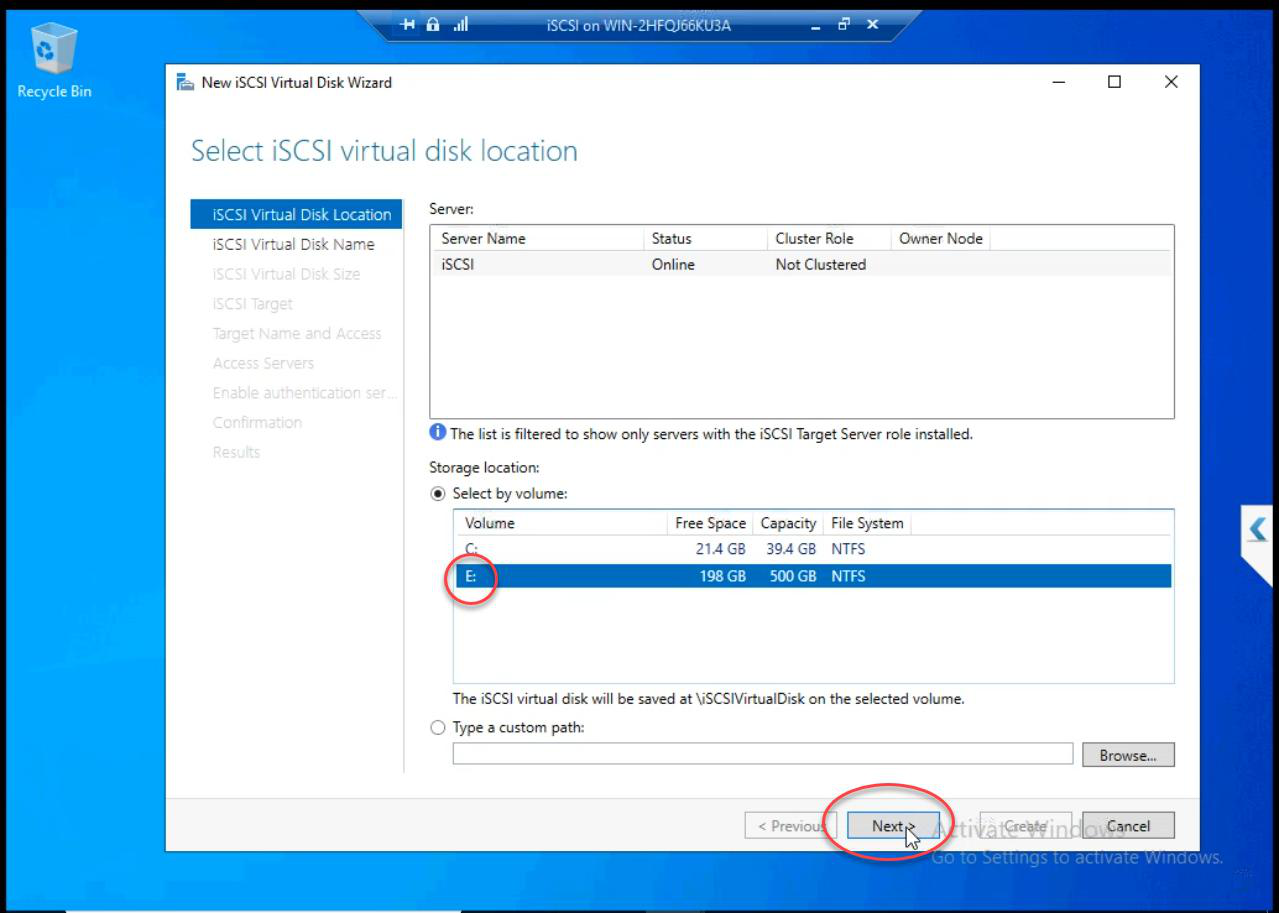 New iSCSI Virtual Disk Wizard selecting Volume E: as the location for the new disk