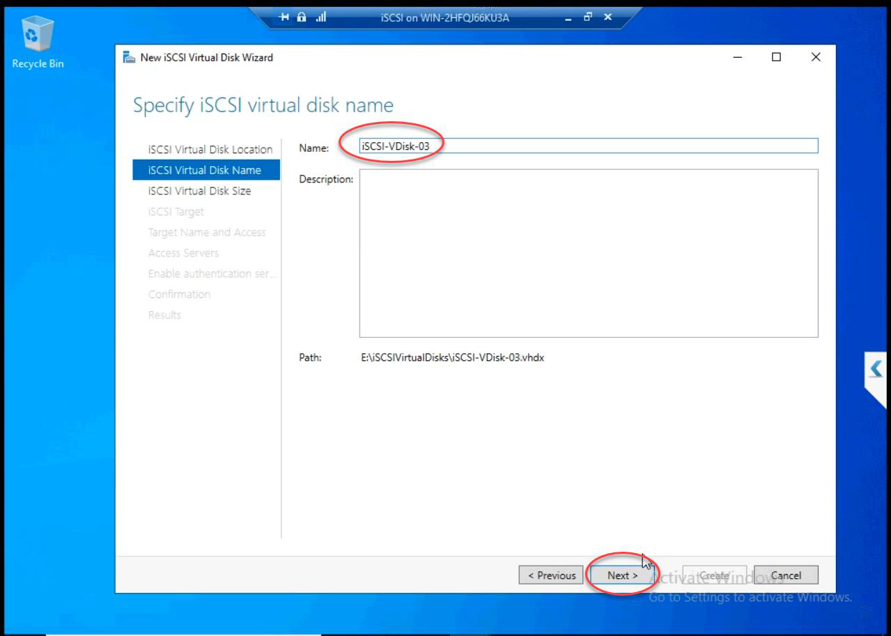 Wizard naming the disk iSCSI-Disk1 with optional description
