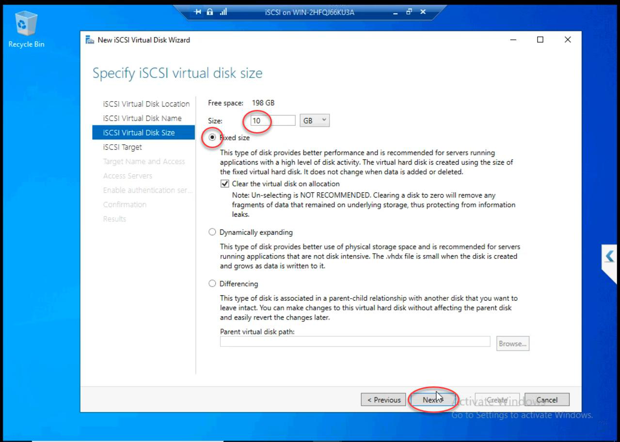 Wizard sizing the disk at 10 GB with Fixed size selected for predictable IO