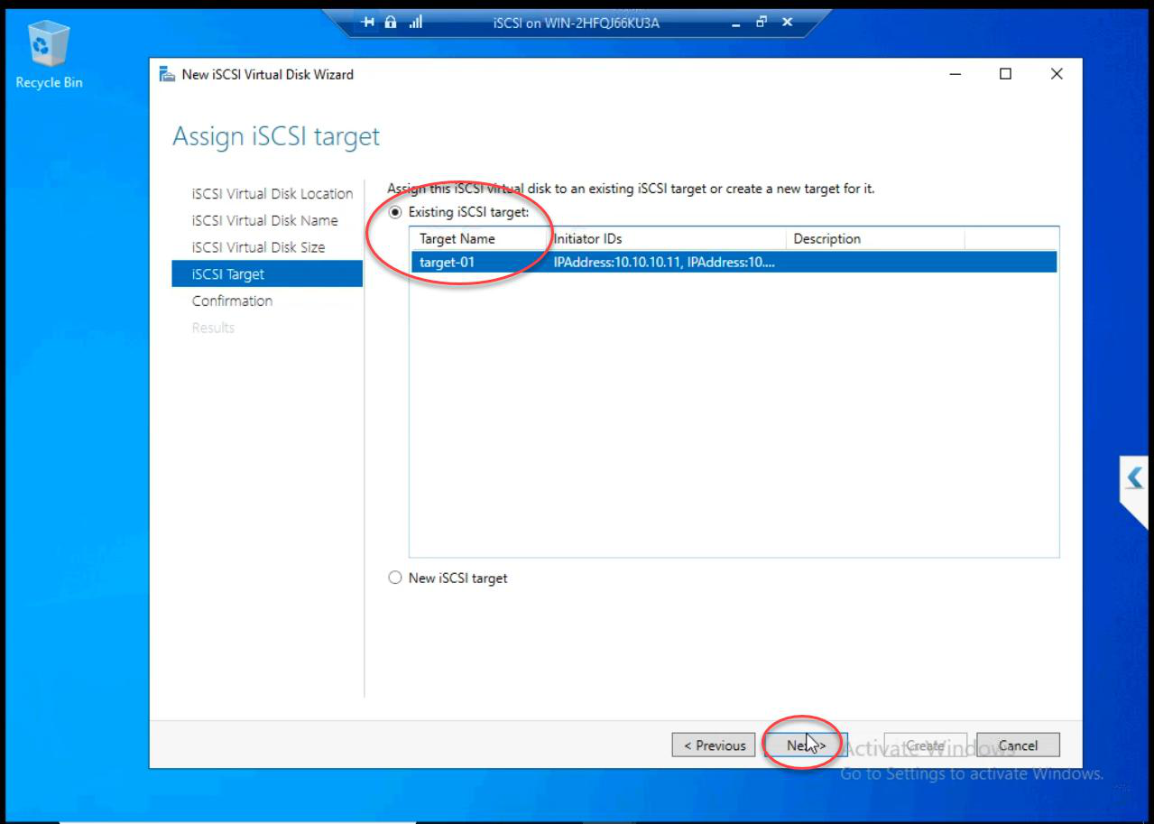iSCSI Target step selecting the existing Target-01 to add the disk to (so it presents alongside existing LUNs)