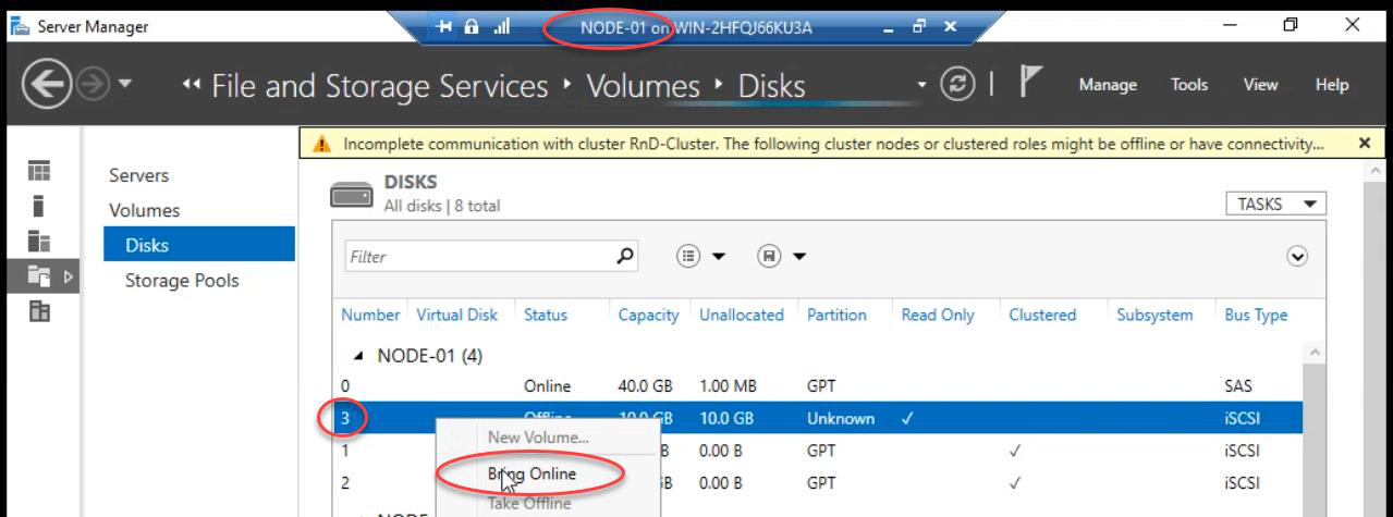 Disk Management on Node-01 with the new disk appearing as Offline ready to be brought online