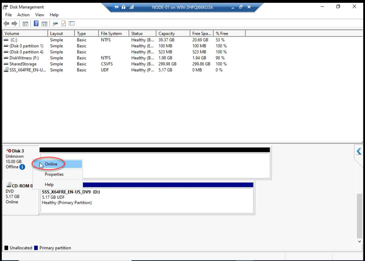 Right-click on the new disk with Online option being selected