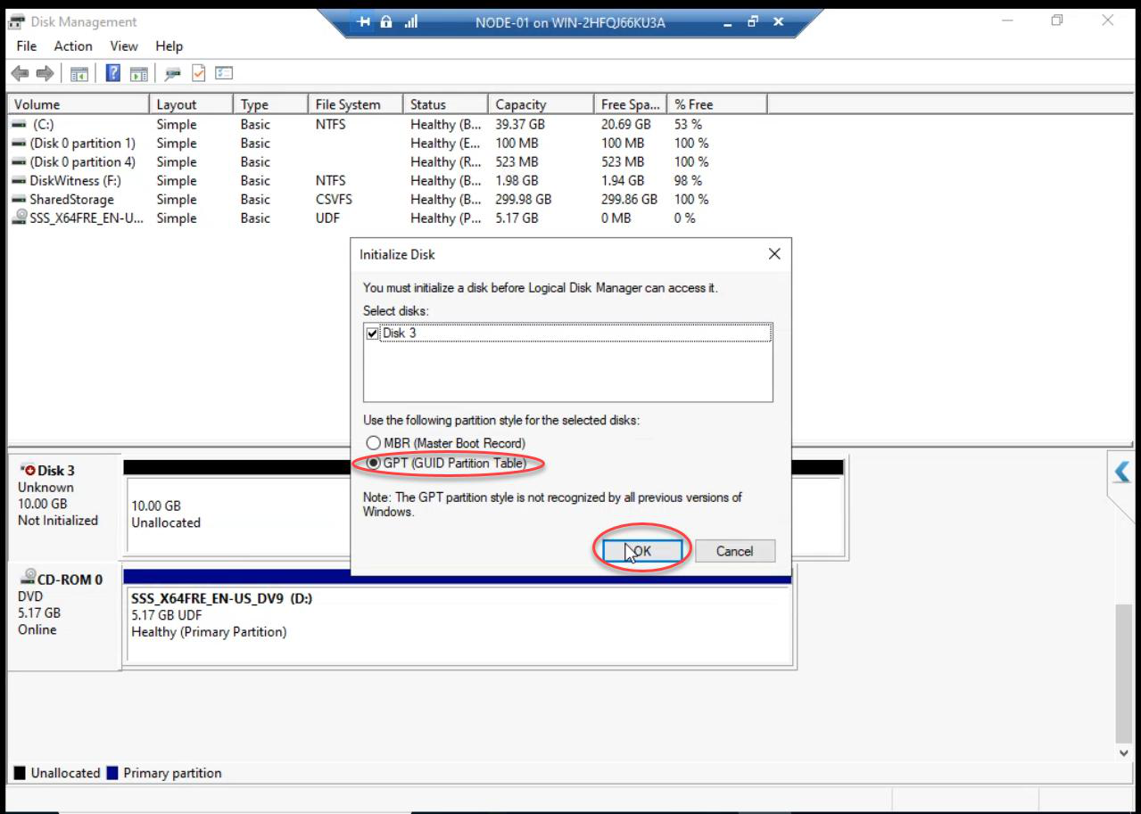Initialize Disk dialog with GPT (GUID Partition Table) selected for modern compatibility