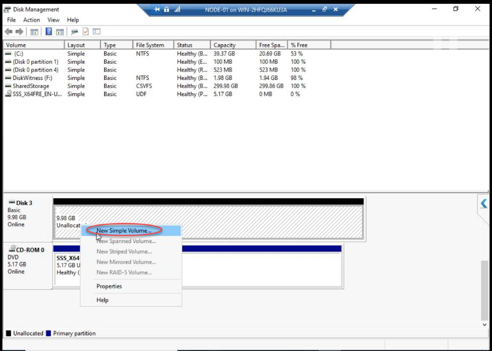 Right-click on unallocated space with New Simple Volume option to launch the volume wizard