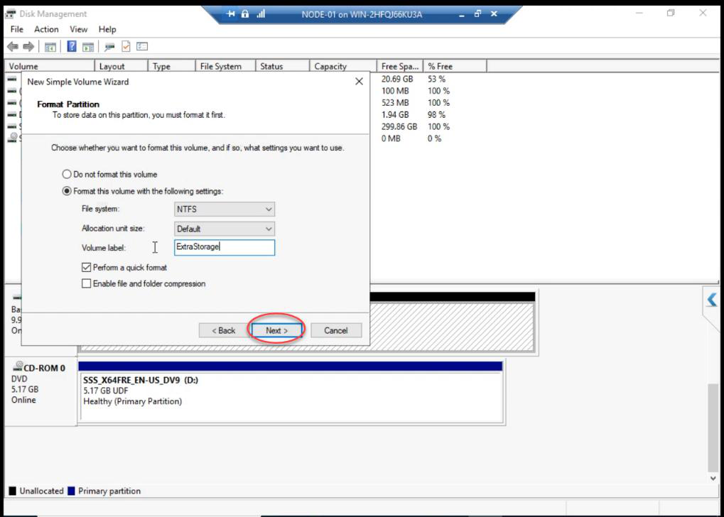 New Simple Volume Wizard going through size, drive letter, and NTFS format steps