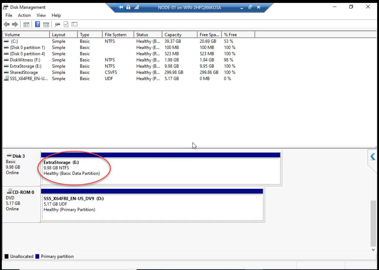 Disk Management showing the new volume formatted and online with assigned drive letter