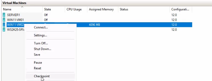 Hyper-V Manager VM list with the Win11-VM02 VM right-clicked and the context menu open showing the Checkpoint entry highlighted as the action that creates a new snapshot