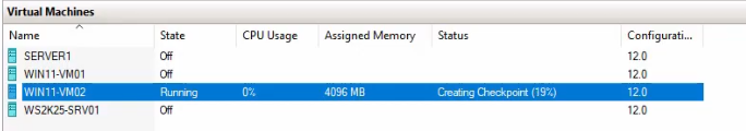 Hyper-V Manager status bar showing the Creating checkpoint progress indicator with the percentage advancing as the host writes the configuration and runtime-state files