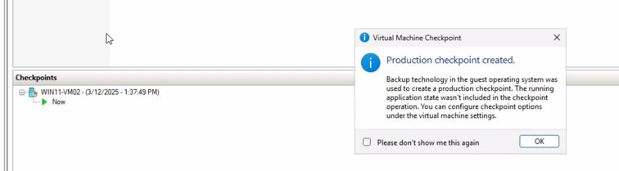 Hyper-V Manager Checkpoints pane showing the new production checkpoint listed with its default timestamped name confirming the operation completed successfully
