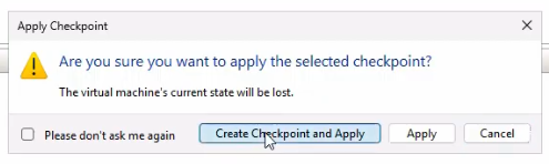Apply Checkpoint dialog showing the three options Create Checkpoint and Apply, Apply, and Cancel with explanatory text about each