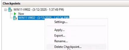 Hyper-V Manager Checkpoints pane with the existing checkpoint right-clicked and the context menu open showing the Delete entry highlighted alongside the Delete Checkpoint Subtree alternative