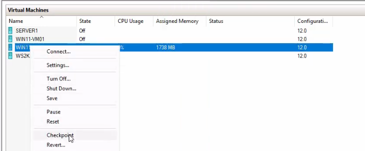 Hyper-V Manager VM list with Win11-HF-VM02 right-clicked and the Checkpoint context-menu entry highlighted as the action that captures the first snapshot