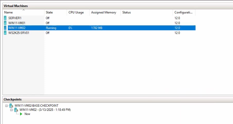 Hyper-V Manager Checkpoints pane after the first snapshot is taken showing the new checkpoint listed with its default timestamped name