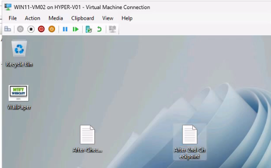 Win11-HF-VM02 desktop with the second marker file AfterSecondCheckpoint.txt created on top of the prior file ready for the second snapshot