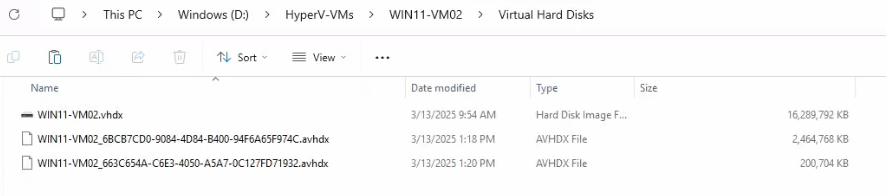 File Explorer at D colon backslash HyperVMs backslash Win11-HF-VM02 backslash Virtual Hard Disks showing the parent VHDX alongside two AVHDX differencing-disk files corresponding to the two snapshots