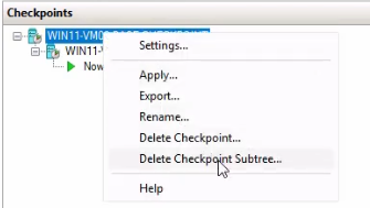 Hyper-V Manager Checkpoints pane with the oldest snapshot right-clicked and the Delete Checkpoint Subtree entry highlighted as the way to merge the entire chain back into the parent