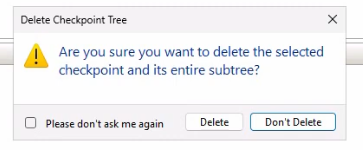 Confirmation dialog asking whether to delete the selected checkpoint subtree with Yes and No buttons