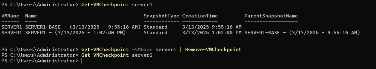 Elevated PowerShell window output of Get-VMCheckpoint Server1 returning empty after the Get-VMCheckpoint pipe Remove-VMCheckpoint command completed confirming all snapshots were merged