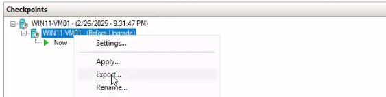 Hyper-V Manager Checkpoints pane with the target snapshot right-clicked and the Export entry highlighted as the action that copies the snapshot-state VM out to a folder