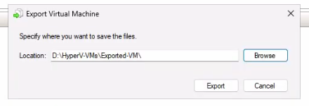 Hyper-V Manager status indicator showing the Export operation in progress with the percentage advancing as the host copies VM configuration and VHDX files