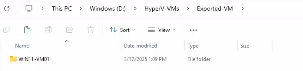 File Explorer at D colon backslash HyperVVMs backslash ExportedVM showing the freshly-exported Win11HNVM01 folder containing the VM configuration sub-folders, the snapshot files, and the virtual hard disk