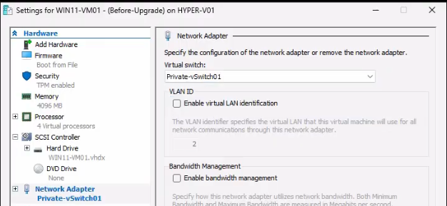 Hyper-V Manager Settings dialog on the cloned VM with Network Adapter selected and the Virtual Switch dropdown changed from the production switch to a Private Virtual Switch to isolate the clone from the production network