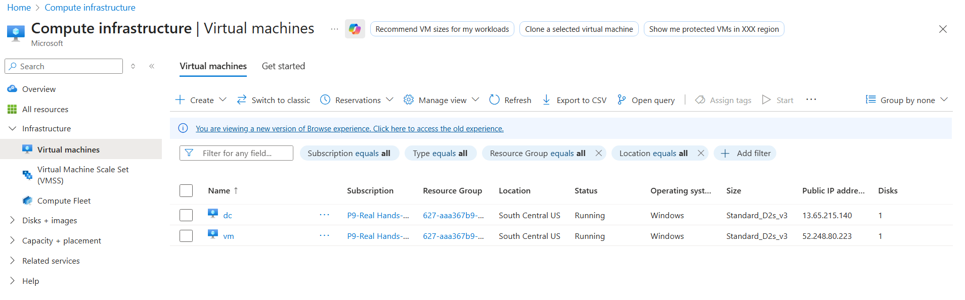 Azure portal resource list with the dc virtual machine selected and its overview blade visible showing the public IP address used for RDP and the connect button