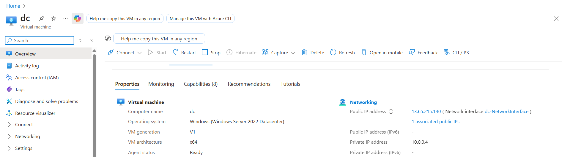 Azure portal Networking blade for the dc VM with the dc-NetworkInterface link highlighted as the path to inspect the IP configuration