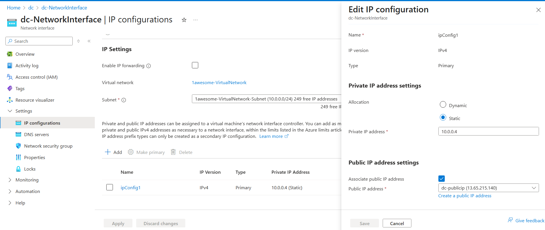 IP configurations panel for the dc network interface showing the private IP address field set to 10.0.0.4 with the Static assignment label confirming the address will not change across reboots