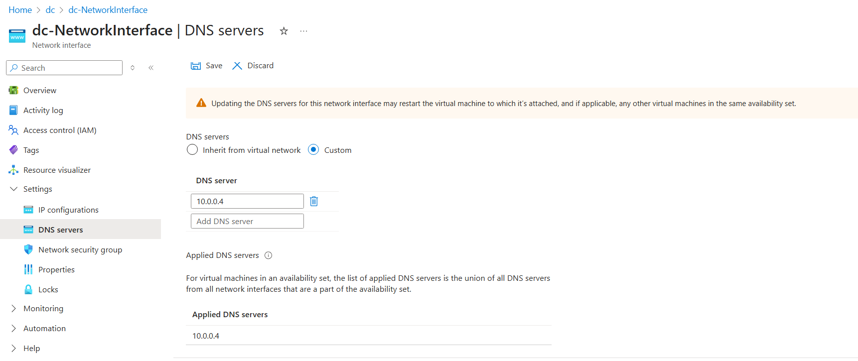 IP configuration detail panel showing the Assignment toggle set to Static for the 10.0.0.4 private IP confirming the static binding required for a domain controller