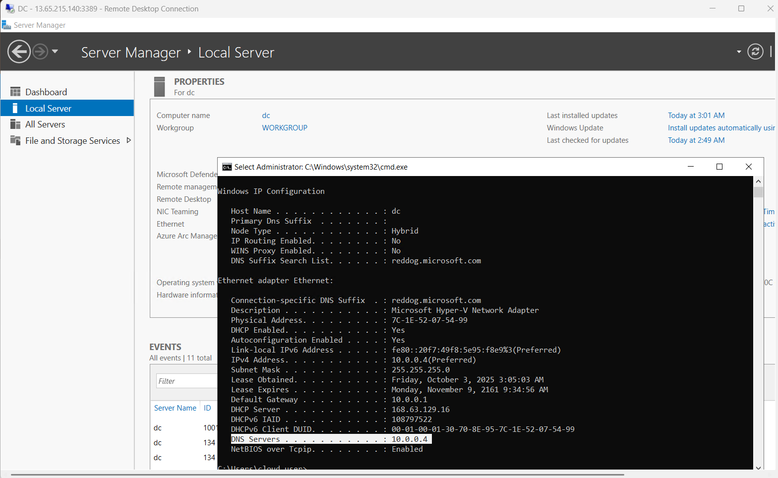 Server Manager dashboard auto-launched on the dc VM after RDP connection ready for the AD DS install via PowerShell ISE